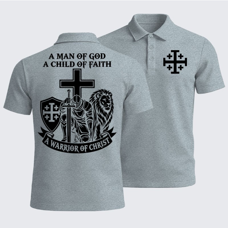Men’s Premium Cotton Polo Shirt - A Man of God – Christian Warrior Knight & Lion