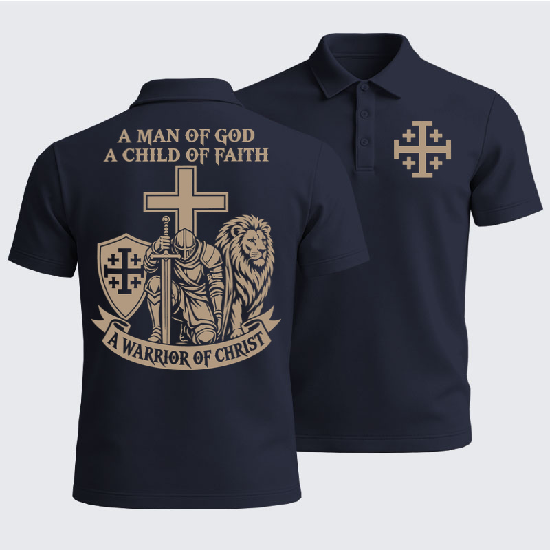 Men’s Premium Cotton Polo Shirt - A Man of God – Christian Warrior Knight & Lion