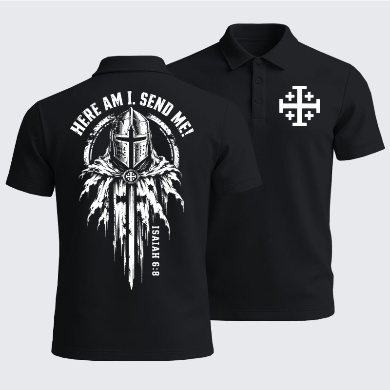 Men’s Premium Cotton Polo Shirt - Here Am I, Send Me – Isaiah 6:8 Christian Knight