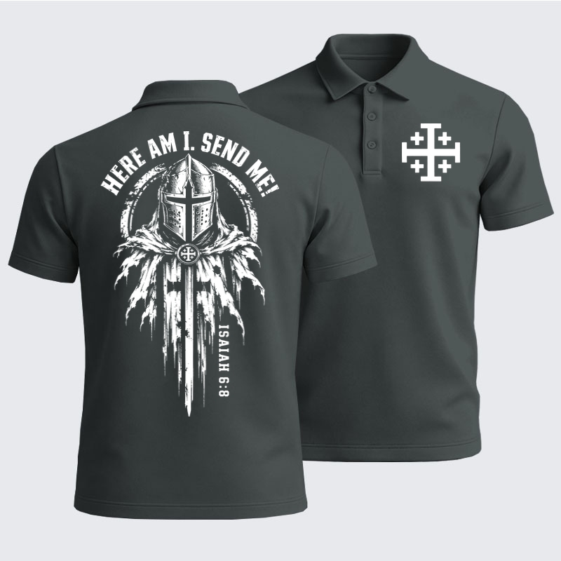 Men’s Premium Cotton Polo Shirt - Here Am I, Send Me – Isaiah 6:8 Christian Knight