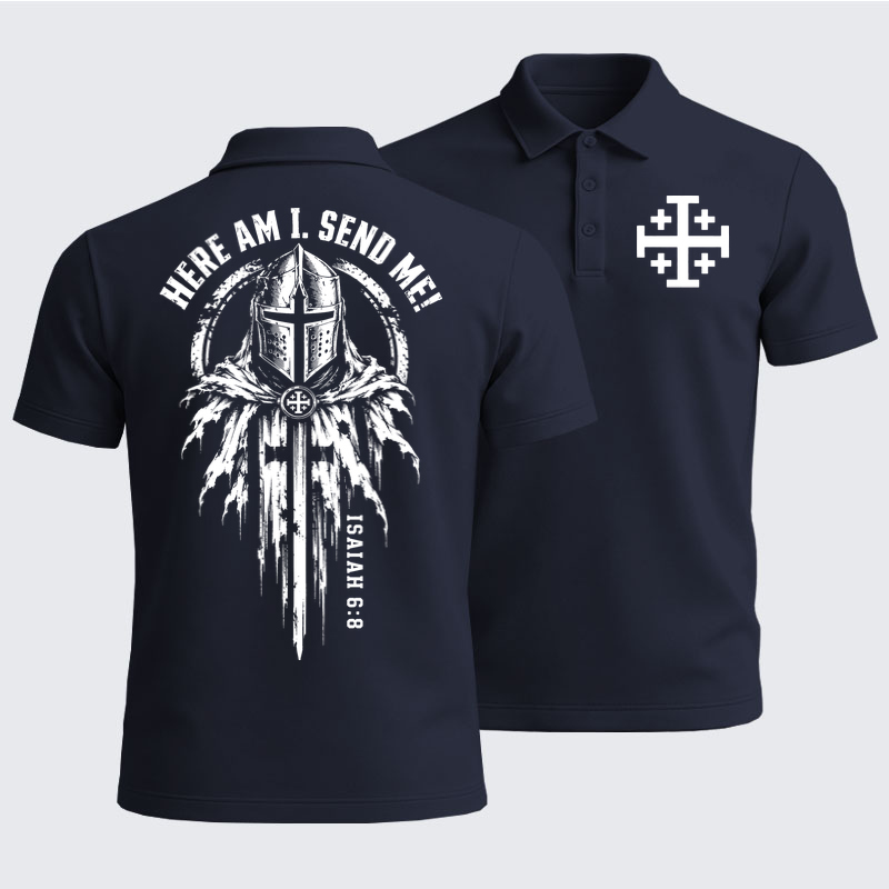 Men’s Premium Cotton Polo Shirt - Here Am I, Send Me – Isaiah 6:8 Christian Knight