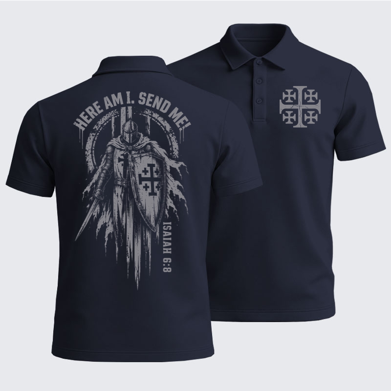 Men’s Premium Cotton Polo Shirt - Here Am I, Send Me – Isaiah 6:8 Christian Knight