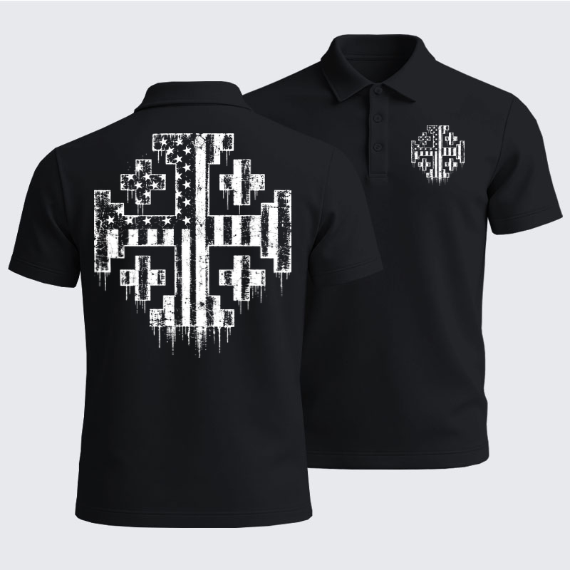 Men’s Premium Cotton Polo Shirt - American Flag Jerusalem Cross – Christian Patriot