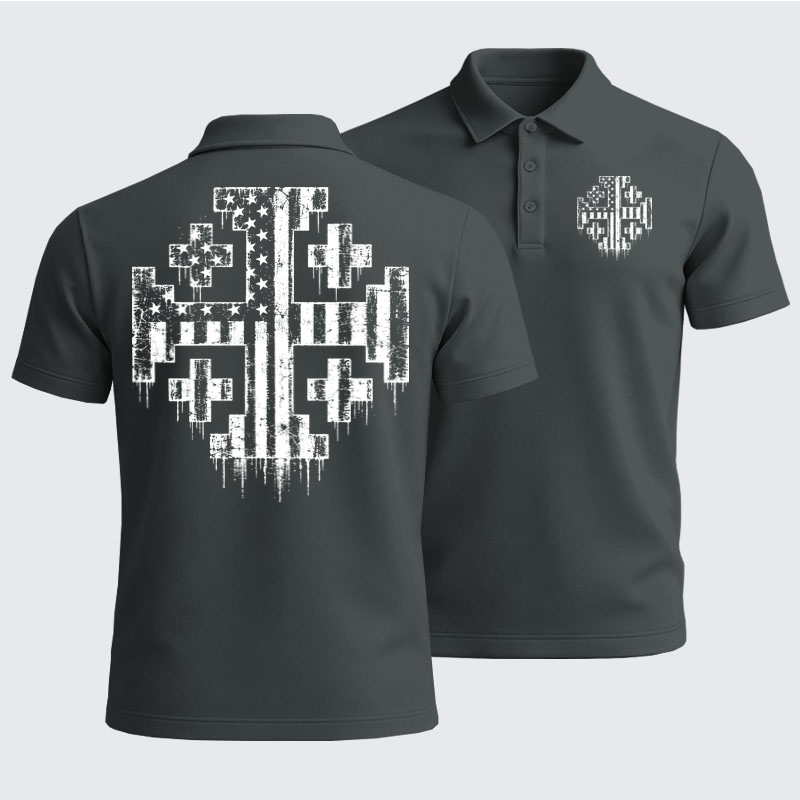 Men’s Premium Cotton Polo Shirt - American Flag Jerusalem Cross – Christian Patriot