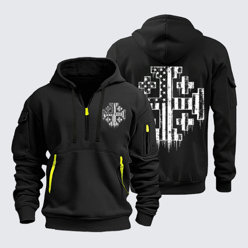Zipper Hoodies Ave Christus Rex –American Flag Jerusalem Cross – Christian Patriot