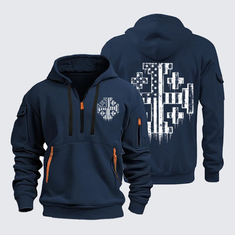 Zipper Hoodies Ave Christus Rex –American Flag Jerusalem Cross – Christian Patriot
