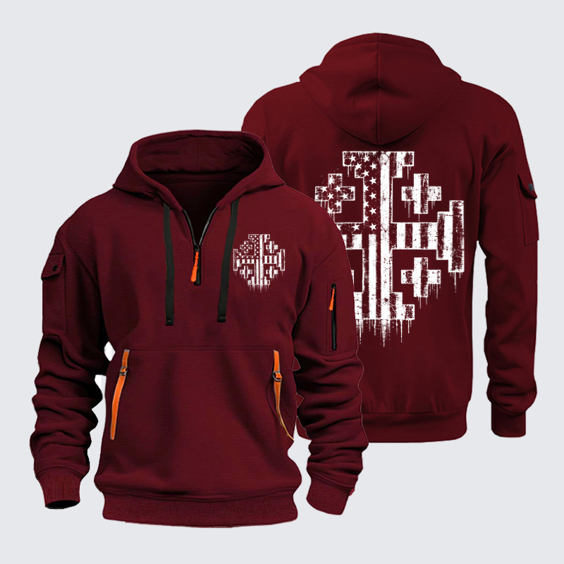 Zipper Hoodies Ave Christus Rex –American Flag Jerusalem Cross – Christian Patriot
