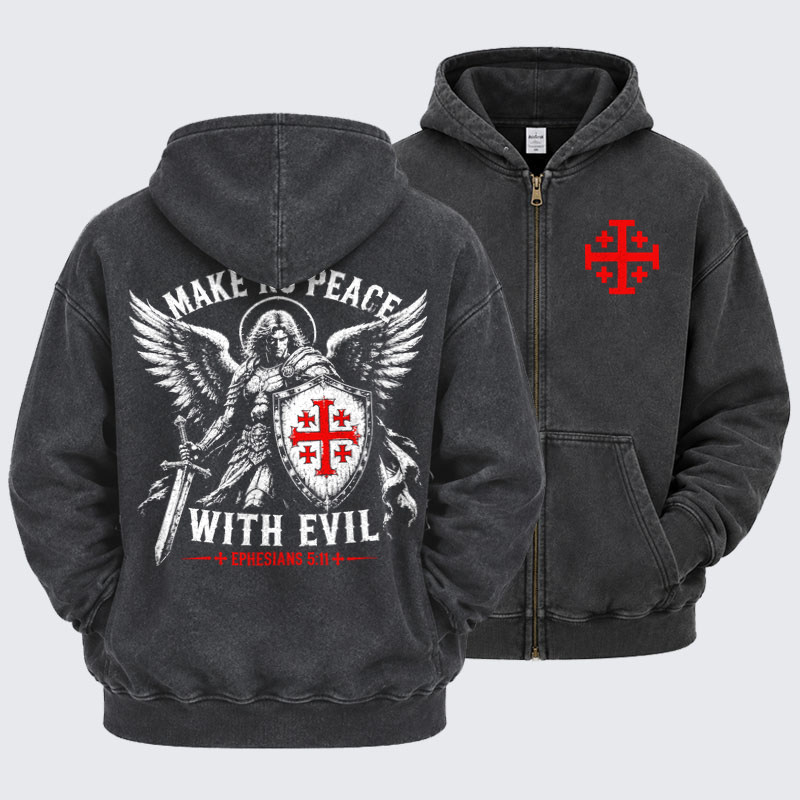 Washed Zip-Up Hoodie - Make No Peace with Evil Knight Templar Jerusalem Cross