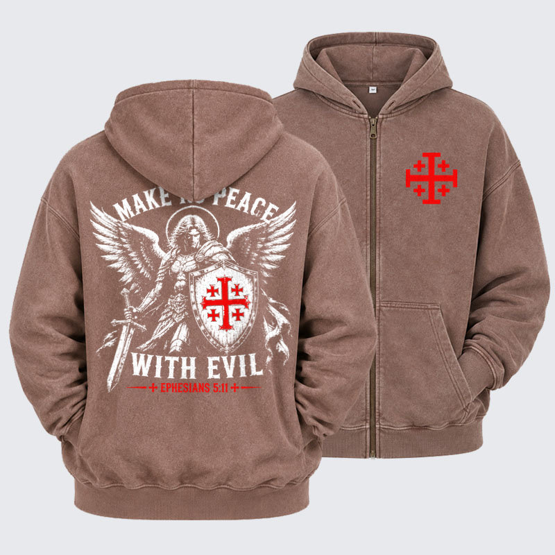 Washed Zip-Up Hoodie - Make No Peace with Evil Knight Templar Jerusalem Cross