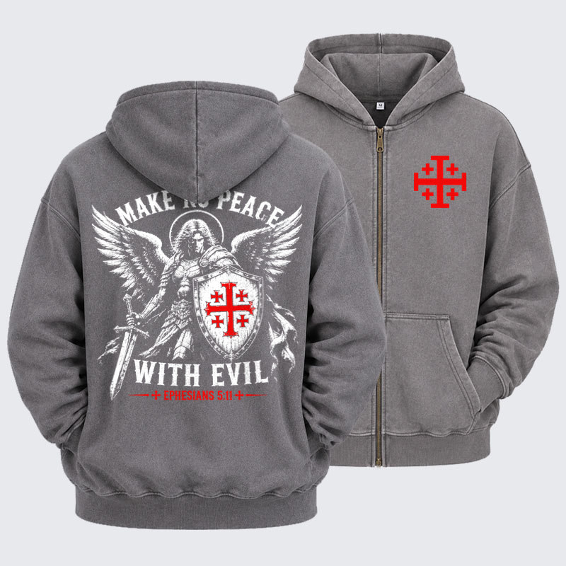 Washed Zip-Up Hoodie - Make No Peace with Evil Knight Templar Jerusalem Cross