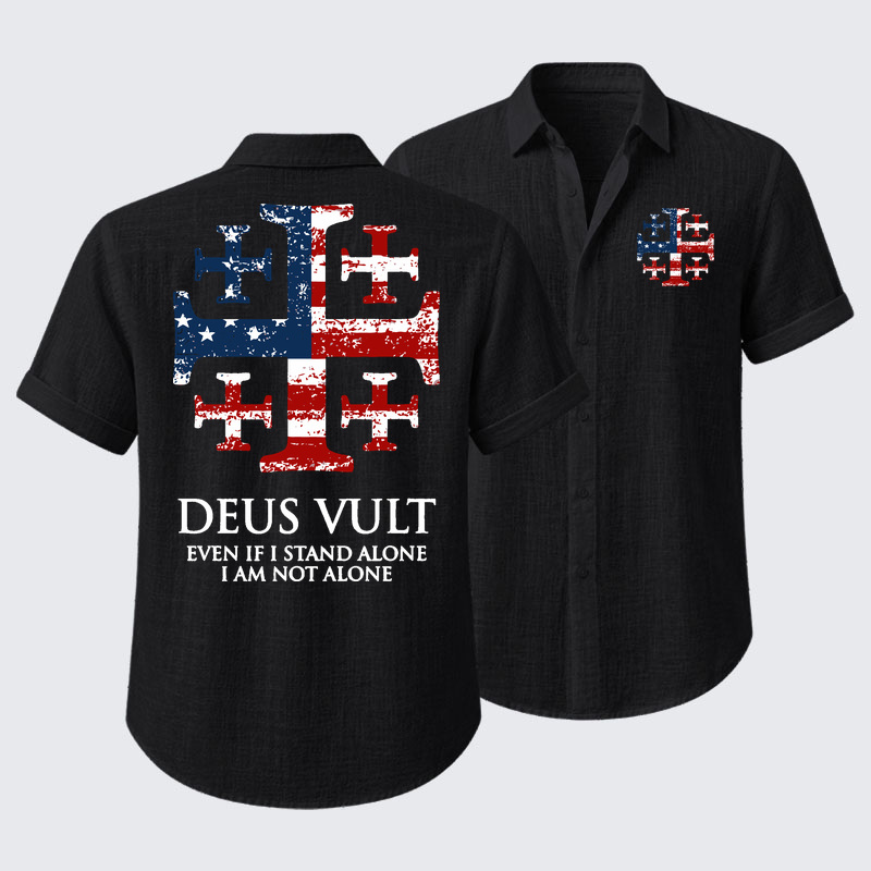 Deus Vult Jerusalem Cross Usa Flag Even If I Stand Alone, I Am Not Alone Short Sleeve Shirt