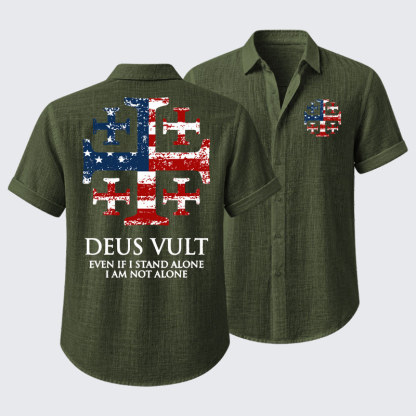 Deus Vult Jerusalem Cross Usa Flag Even If I Stand Alone, I Am Not Alone Short Sleeve Shirt