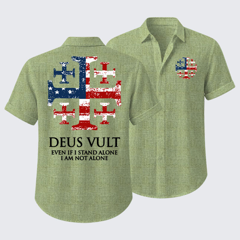 Deus Vult Jerusalem Cross Usa Flag Even If I Stand Alone, I Am Not Alone Short Sleeve Shirt