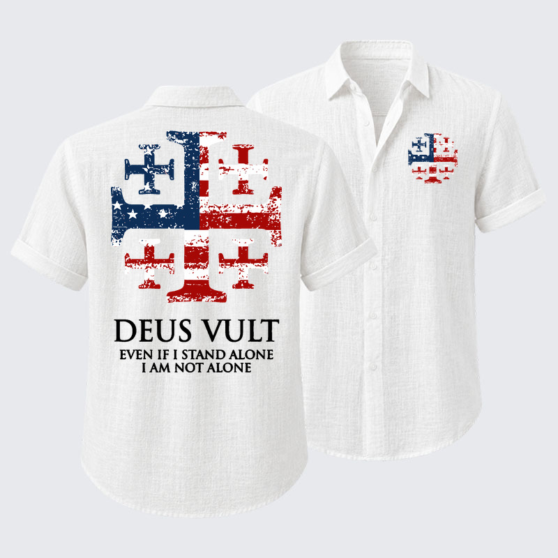 Deus Vult Jerusalem Cross Usa Flag Even If I Stand Alone, I Am Not Alone Short Sleeve Shirt