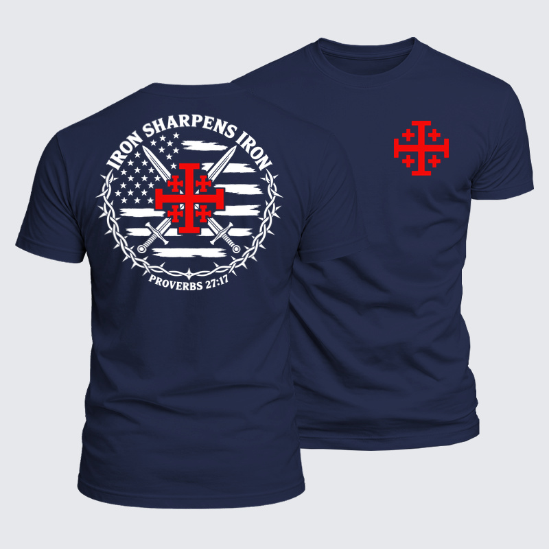 Luxe Mercerized Cotton Tee - Iron Sharpens Iron – Jerusalem Cross & American Flag