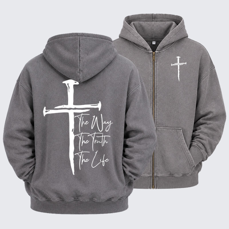Washed Zip-Up Hoodie - Jesus The Way The Truth The Life   
