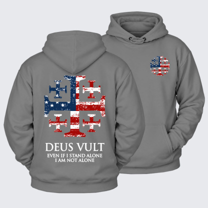 Plush Fleece-Lined Hoodie - Deus Vult Jerusalem Cross Usa Flag Even If I Stand Alone, I Am Not Alone