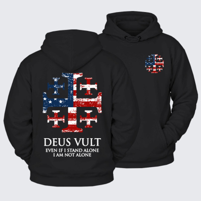 Plush Fleece-Lined Hoodie - Deus Vult Jerusalem Cross Usa Flag Even If I Stand Alone, I Am Not Alone