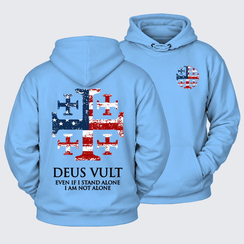 Plush Fleece-Lined Hoodie - Deus Vult Jerusalem Cross Usa Flag Even If I Stand Alone, I Am Not Alone