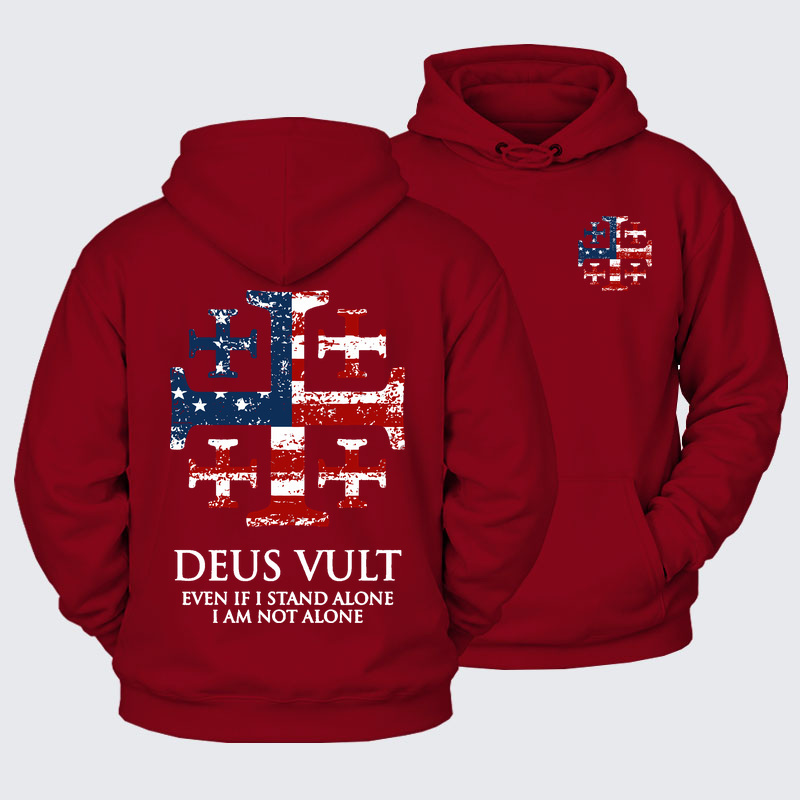 Plush Fleece-Lined Hoodie - Deus Vult Jerusalem Cross Usa Flag Even If I Stand Alone, I Am Not Alone