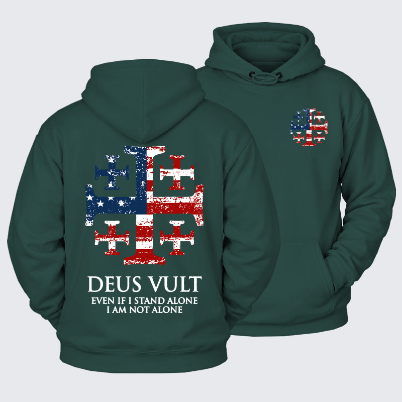 Plush Fleece-Lined Hoodie - Deus Vult Jerusalem Cross Usa Flag Even If I Stand Alone, I Am Not Alone