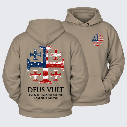 Plush Fleece-Lined Hoodie - Deus Vult Jerusalem Cross Usa Flag Even If I Stand Alone, I Am Not Alone