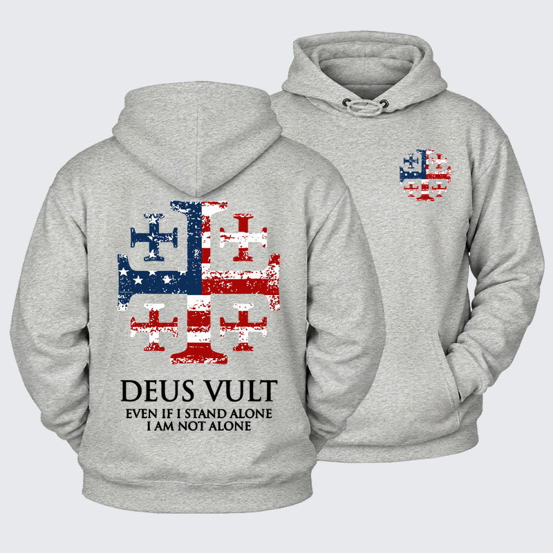 Plush Fleece-Lined Hoodie - Deus Vult Jerusalem Cross Usa Flag Even If I Stand Alone, I Am Not Alone