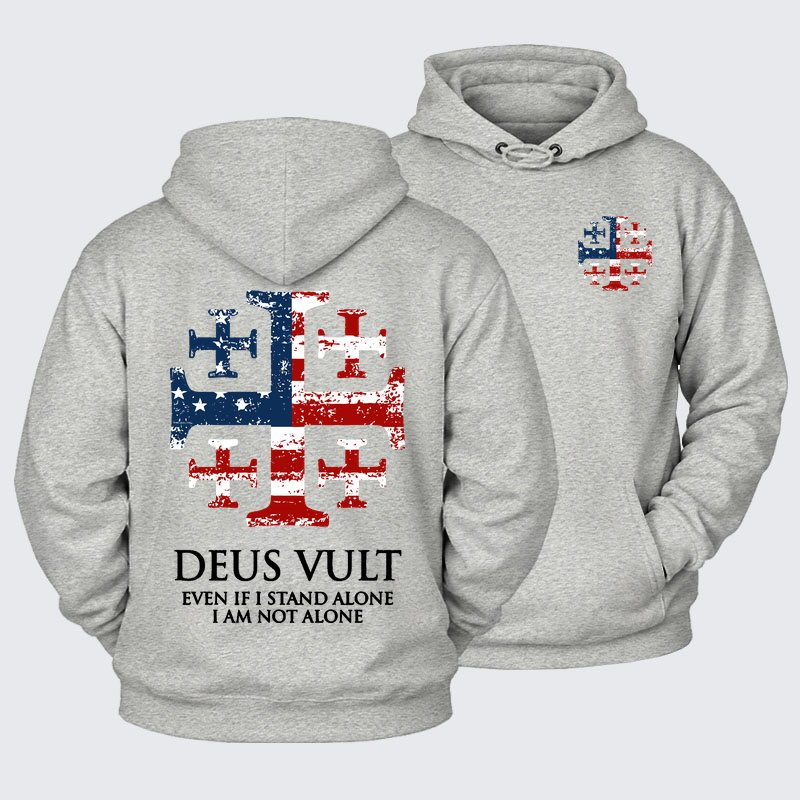 Plush Fleece-Lined Hoodie - Deus Vult Jerusalem Cross Usa Flag Even If I Stand Alone, I Am Not Alone