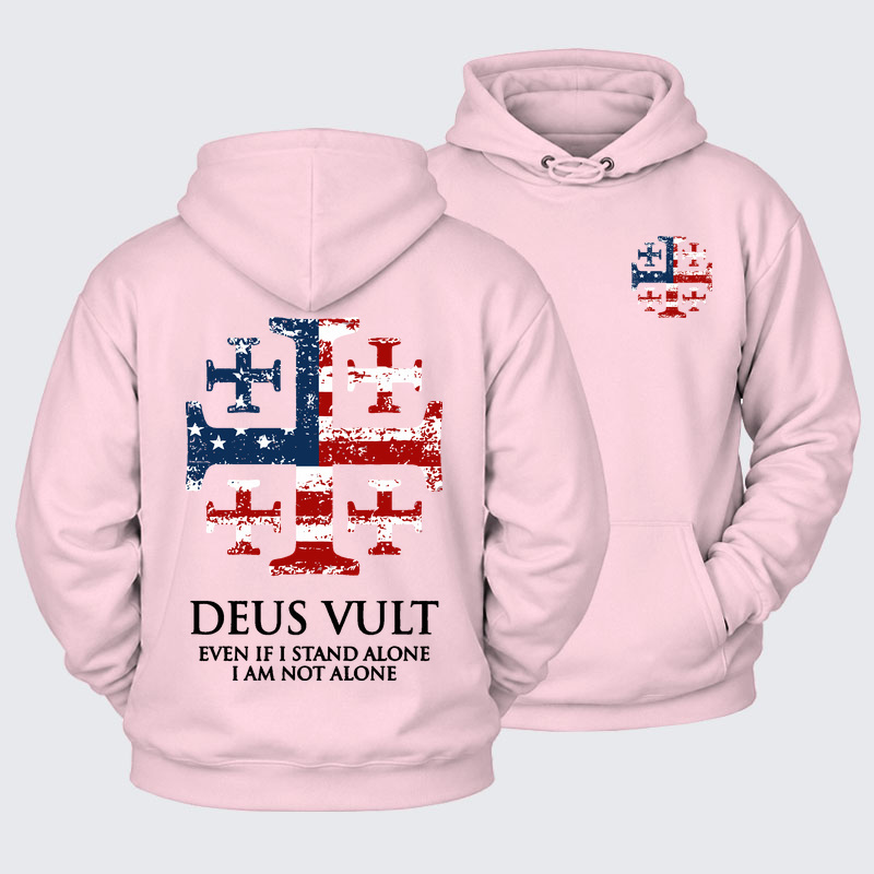 Plush Fleece-Lined Hoodie - Deus Vult Jerusalem Cross Usa Flag Even If I Stand Alone, I Am Not Alone