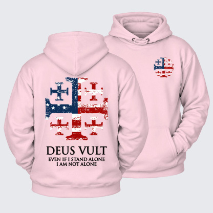Plush Fleece-Lined Hoodie - Deus Vult Jerusalem Cross Usa Flag Even If I Stand Alone, I Am Not Alone