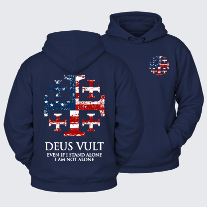 Plush Fleece-Lined Hoodie - Deus Vult Jerusalem Cross Usa Flag Even If I Stand Alone, I Am Not Alone