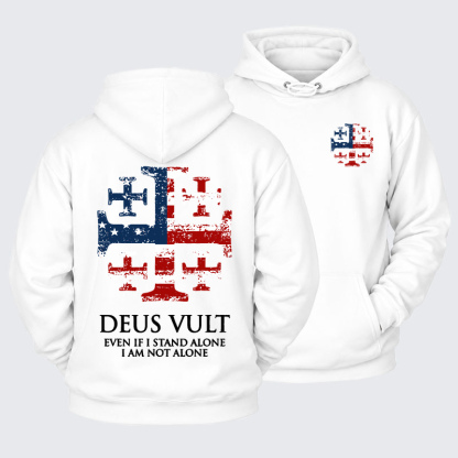 Plush Fleece-Lined Hoodie - Deus Vult Jerusalem Cross Usa Flag Even If I Stand Alone, I Am Not Alone