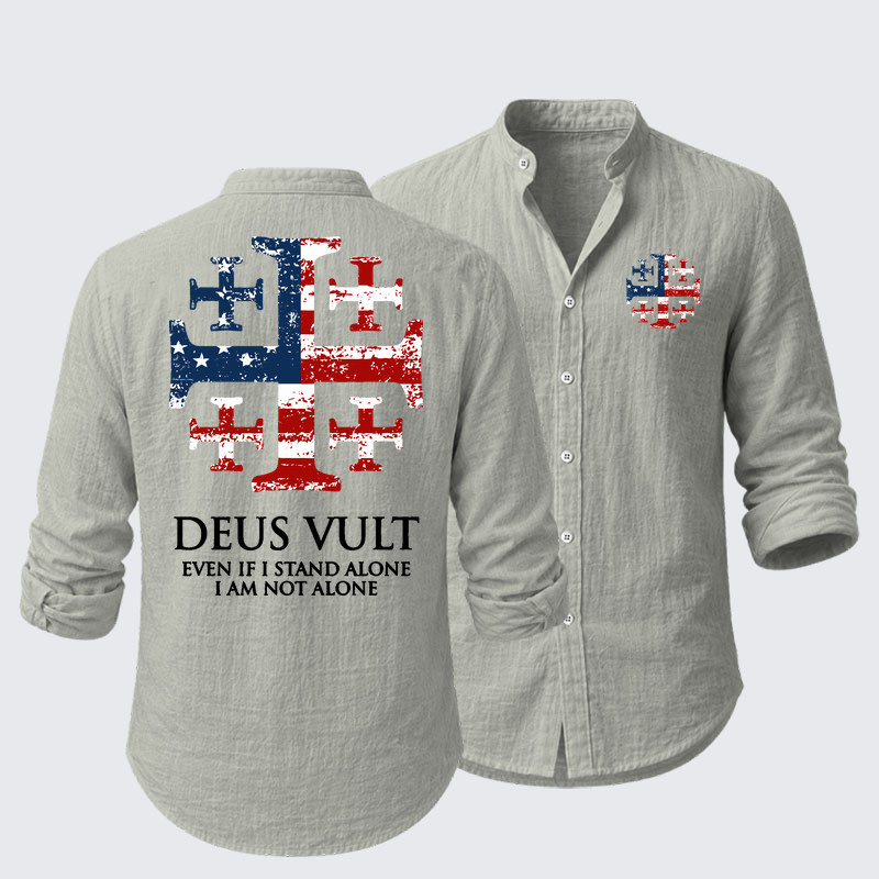 Deus Vult Jerusalem Cross Usa Flag Even If I Stand Alone, I Am Not Alone Resort Casual Shirt