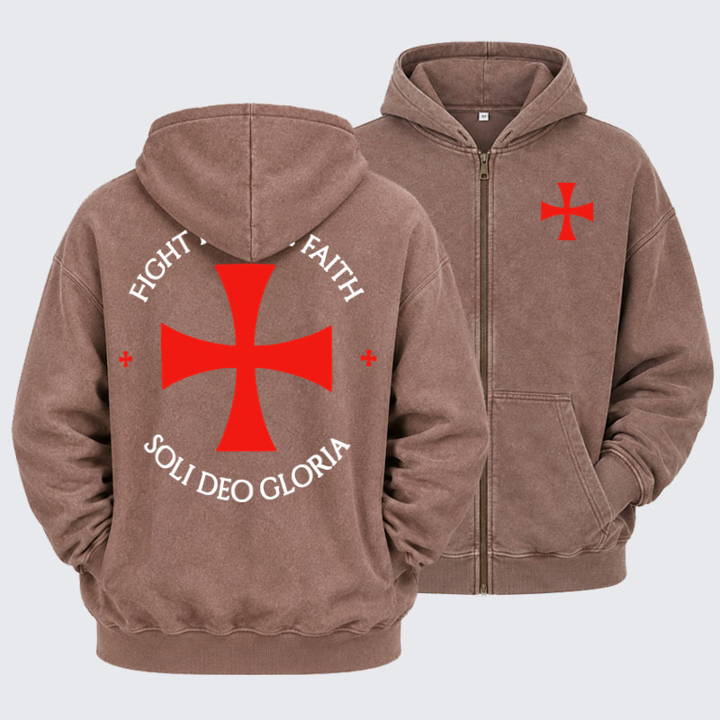 Washed Zip-Up Hoodie -Templar Cross Crusader Knight    