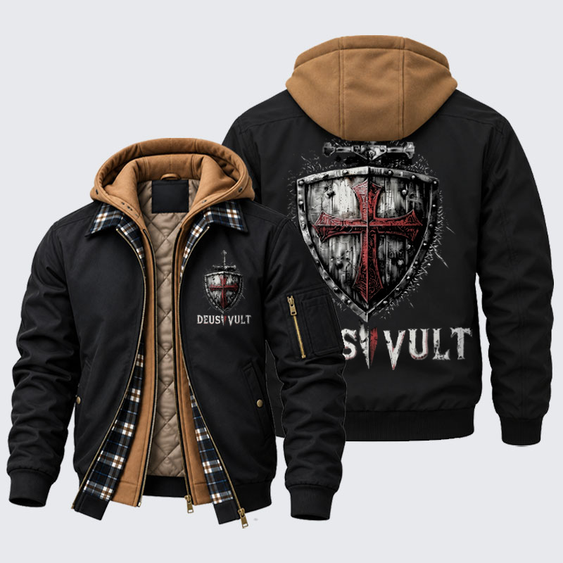 Hooded Bomber Jacket - Deus Vult Crusader Shield Templar Cross  