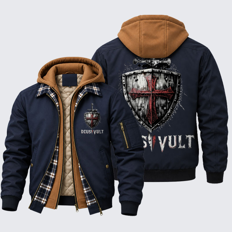 Hooded Bomber Jacket - Deus Vult Crusader Shield Templar Cross  