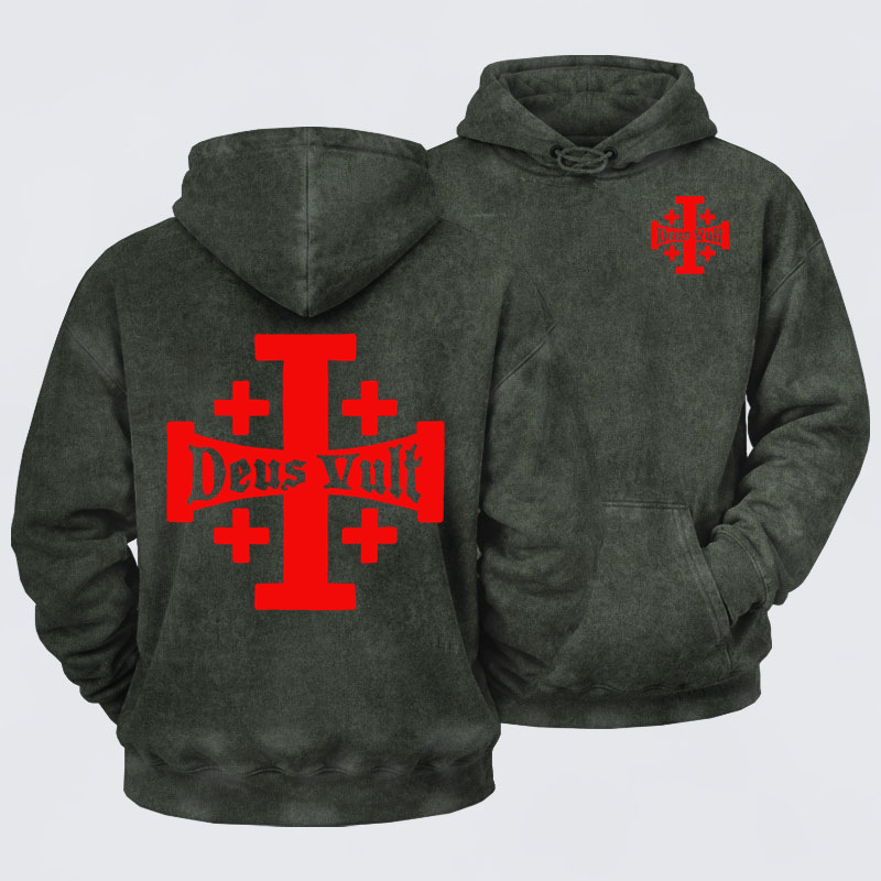 Deus VultWashed Hoodie-  Jerusalem Cross Deus Vult   
