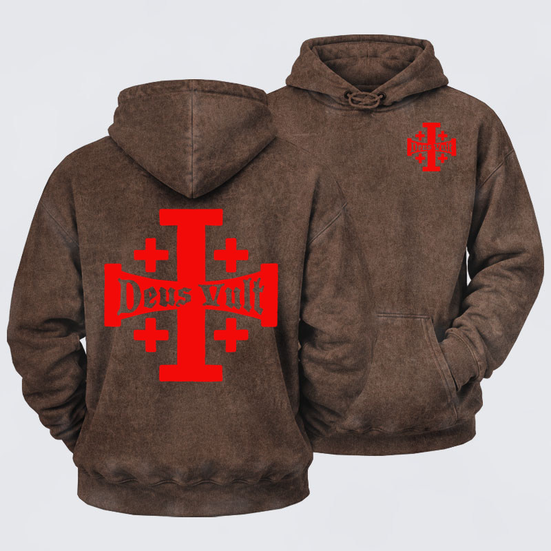 Deus VultWashed Hoodie-  Jerusalem Cross Deus Vult   