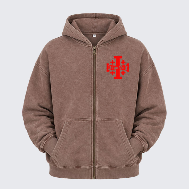 Washed Zip-Up Hoodie - Jerusalem Cross Deus Vult   