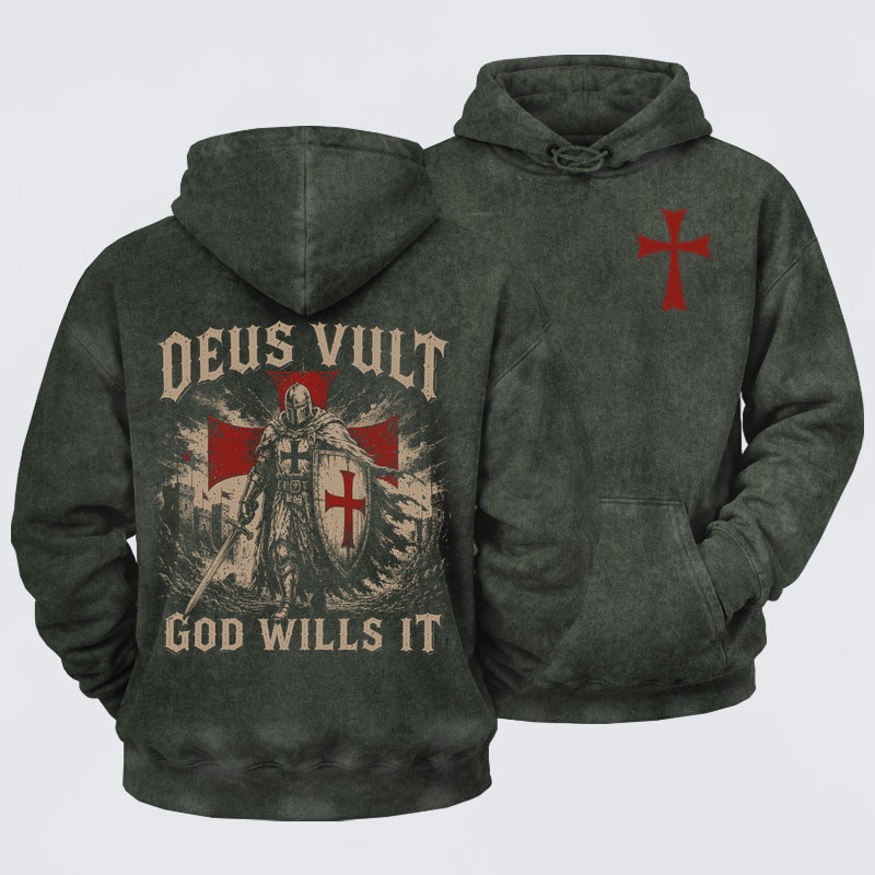 Washed Hoodie -  Deus Vult Knight Templar American Flag Crusader