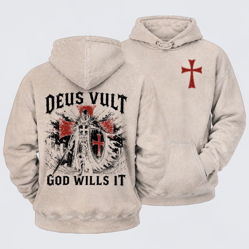 Washed Hoodie -  Deus Vult Knight Templar American Flag Crusader