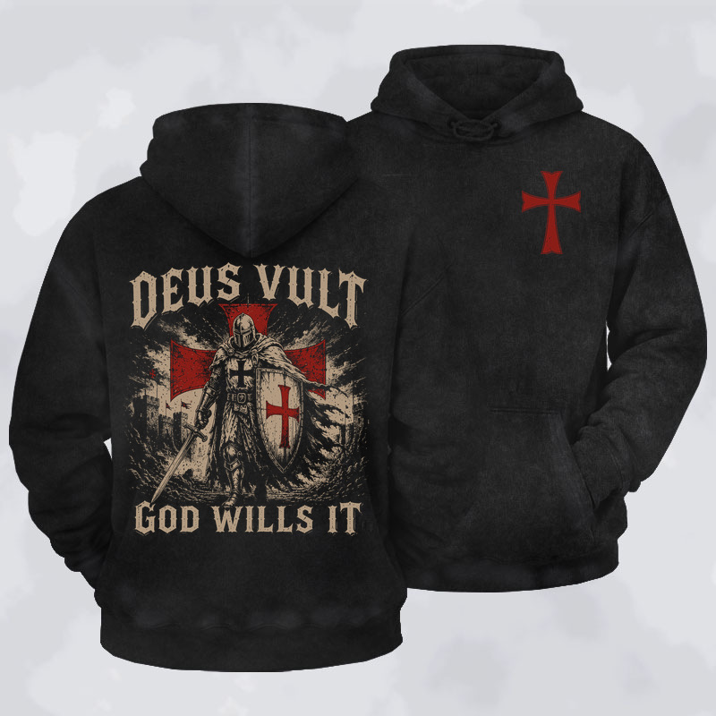 Washed Hoodie -  Deus Vult Knight Templar American Flag Crusader