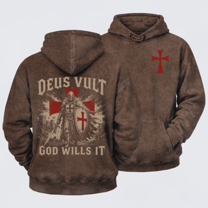 Washed Hoodie -  Deus Vult Knight Templar American Flag Crusader