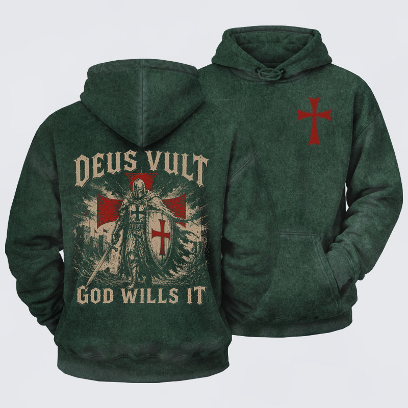 Washed Hoodie -  Deus Vult Knight Templar American Flag Crusader