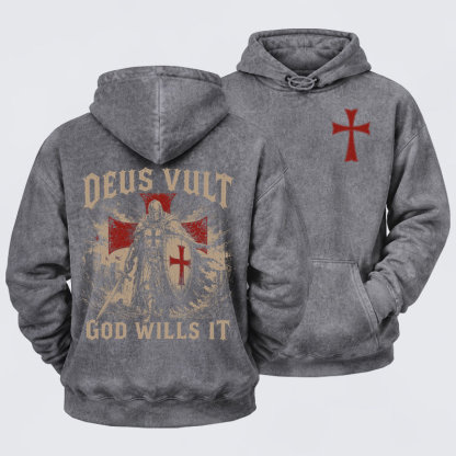 Washed Hoodie -  Deus Vult Knight Templar American Flag Crusader