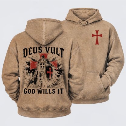 Washed Hoodie -  Deus Vult Knight Templar American Flag Crusader