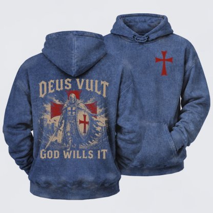 Washed Hoodie -  Deus Vult Knight Templar American Flag Crusader