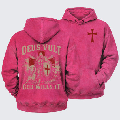 Washed Hoodie -  Deus Vult Knight Templar American Flag Crusader