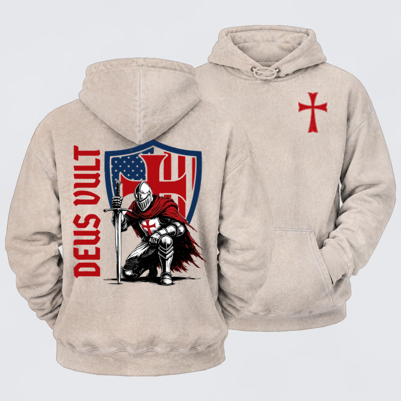 Washed Hoodie -Templar Knight Crusader Deus Vult