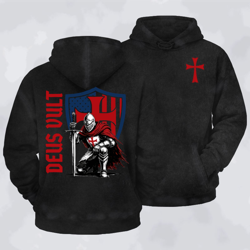 Washed Hoodie -Templar Knight Crusader Deus Vult
